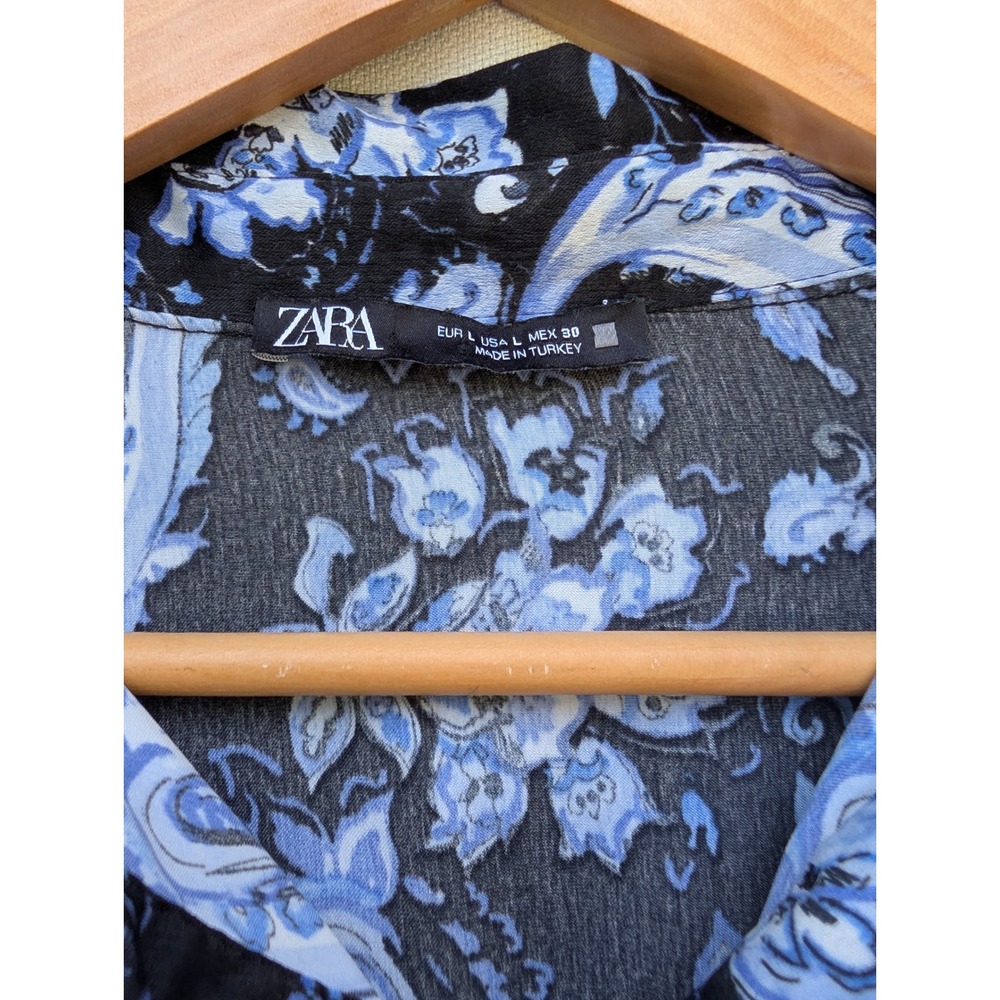 ZARA Drop Waist Dress Womens L Blue Paisley Poly Long Sleeve Dark Boho Indie - Picture 2 of 5